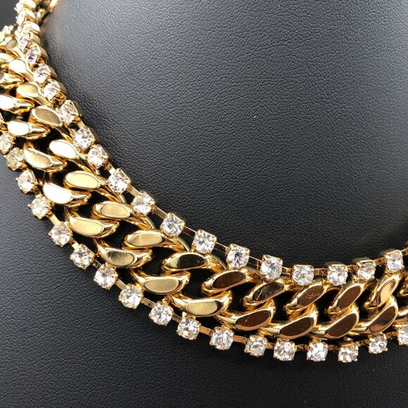 Kate Spade Necklace Chunky Gold Tone Chain Link Crystal Statement Collar w/Pouch - Picture 3 of 8